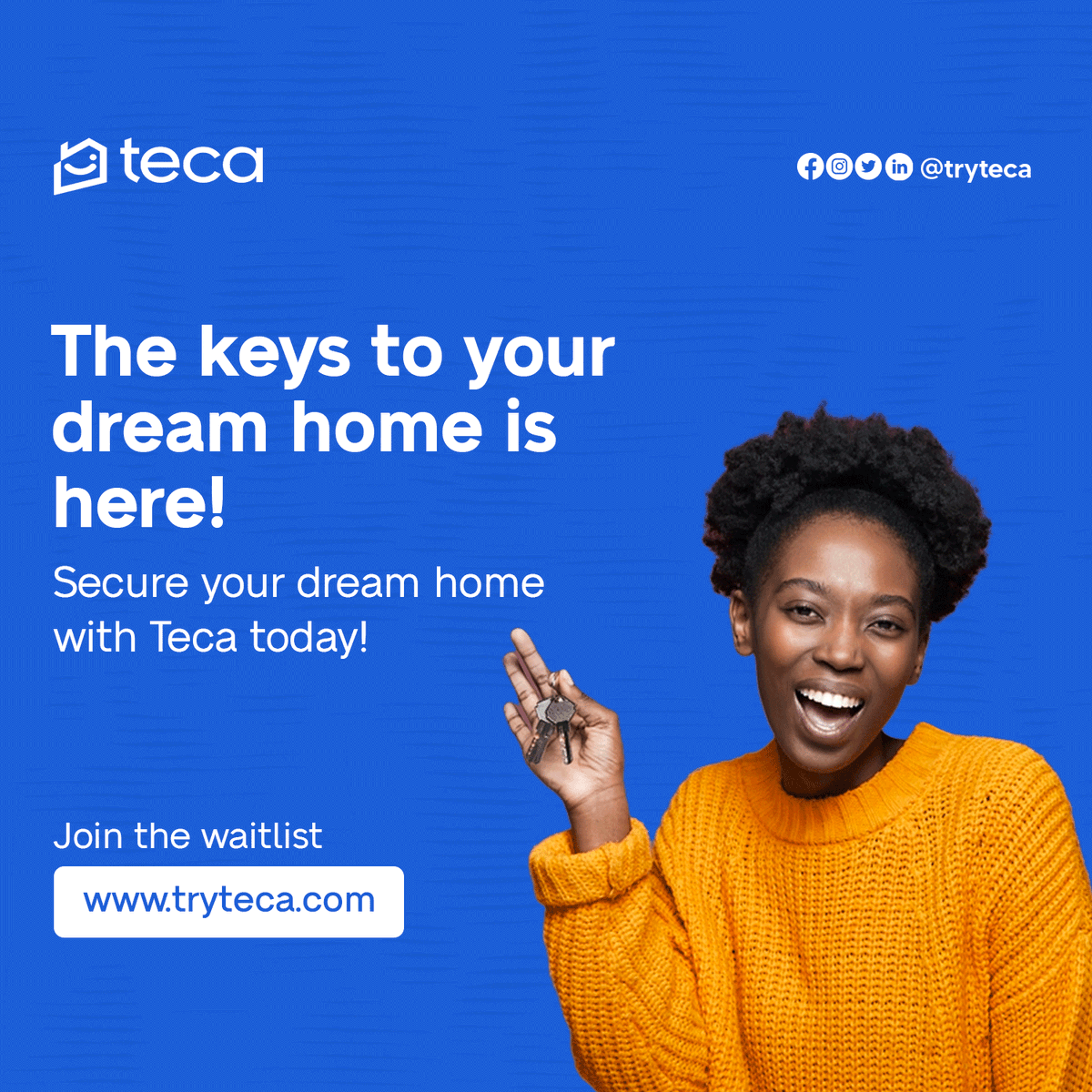tryteca's tweet photo. Have you been dreaming of owning your own home 🏡?

Teca is bringing the keys 🔑 to you!

Now, you can turn your digital assets into a home. 
We're currently in private beta &amp; launching soon. 

To stay connected with us. Join the waitlist: https://t.co/NoLjOBf3WB 

#TryTeca! https://t.co/udryiE0EbK
