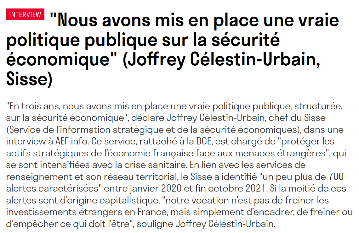 "Nous avons mis en place une vraie politique publique sur la sécurité économique" - Interview de Joffrey Célestin-Urbain, chef du Sisse
aefinfo.fr/depeche/666407