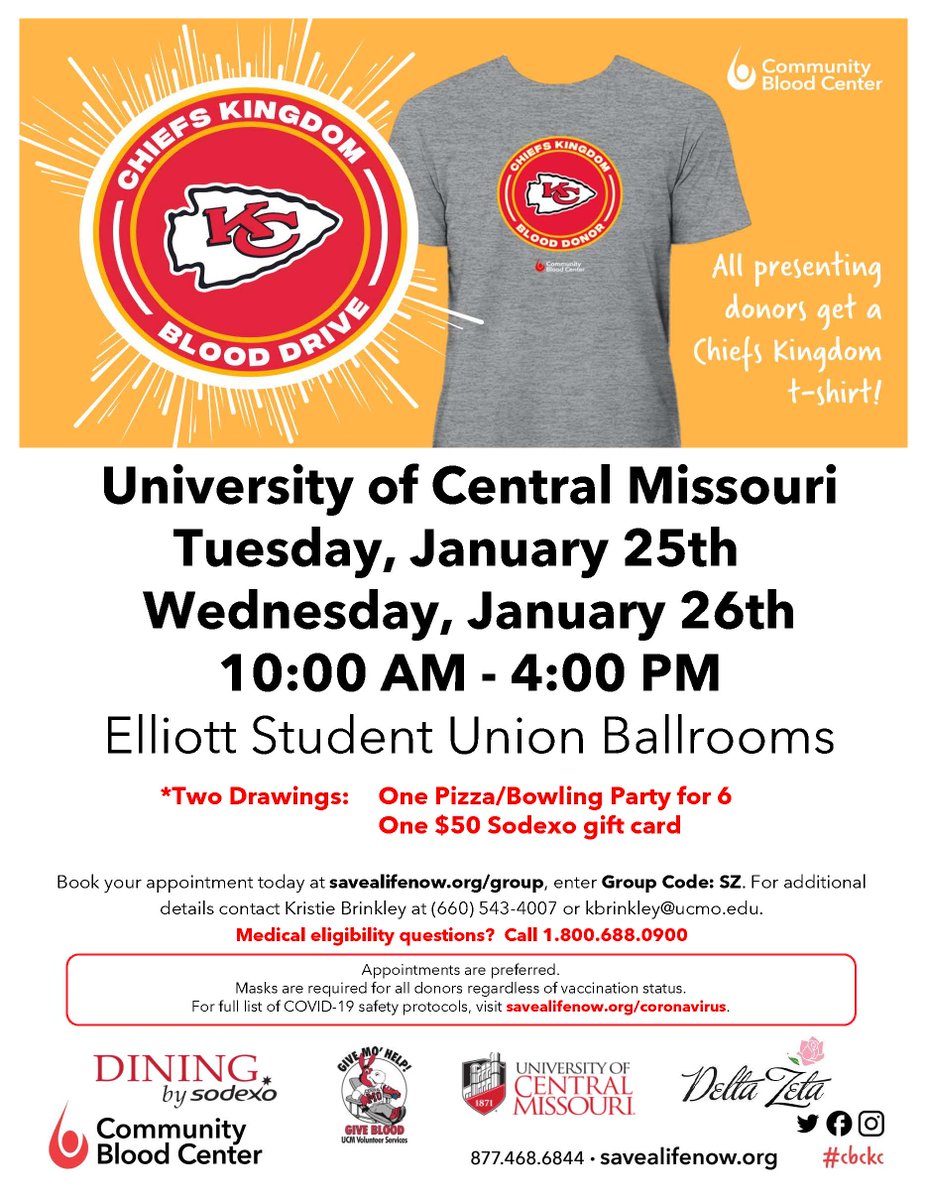 UCMElliottUnion's tweet photo. Help others and give blood on Tuesday or Wednesday from 10AM-4PM in the Union Ballrooms. Each donor will receive a Chiefs Kingdom t-shirt and be entered to win a Pizza/Bowling Party for 6 at the UBC or a $50 Sodexo gift card! 🩸

Book appointment: https://t.co/2dBwPlZU5l
Code: SZ https://t.co/0A2n85jACA