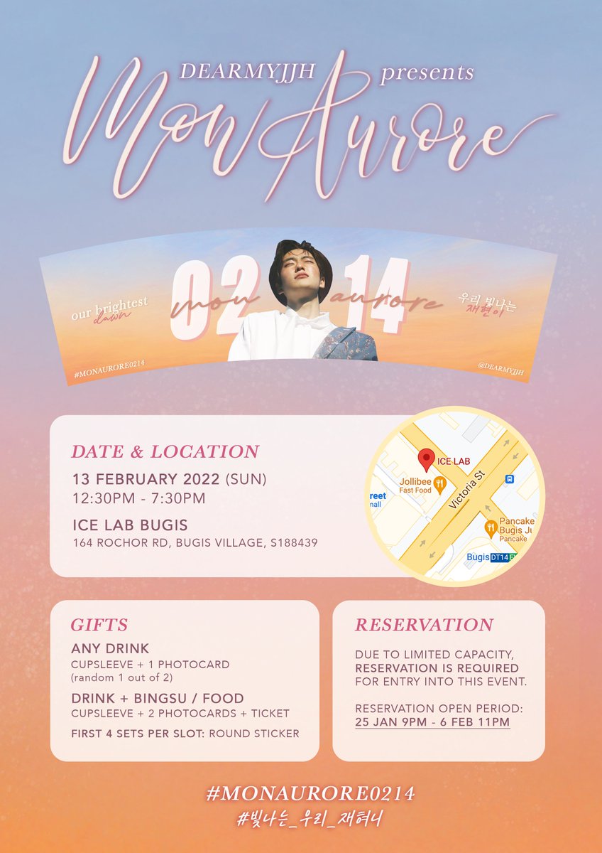 DEARMYJJH's tweet photo. 𝐝𝐞𝐚𝐫 𝐦𝐨𝐧 𝐚𝐮𝐫𝐨𝐫𝐞...
"𝙮𝙤𝙪 𝙖𝙧𝙚 𝙢𝙮 𝙜𝙧𝙚𝙖𝙩𝙚𝙨𝙩 𝙗𝙚𝙜𝙞𝙣𝙣𝙞𝙣𝙜."

2022 birthday cafe event for
our beloved 𝘑𝘦𝘰𝘯𝘨 𝘑𝘢𝘦𝘩𝘺𝘶𝘯 ♡

🌞 13 February 2022
🌷 ICE LAB Bugis
✨ 12:30pm - 7:30pm

#JAEHYUN #재현 
#MONAURORE0214
#빛나는_우리_재혀니 https://t.co/z7Py5XyRex