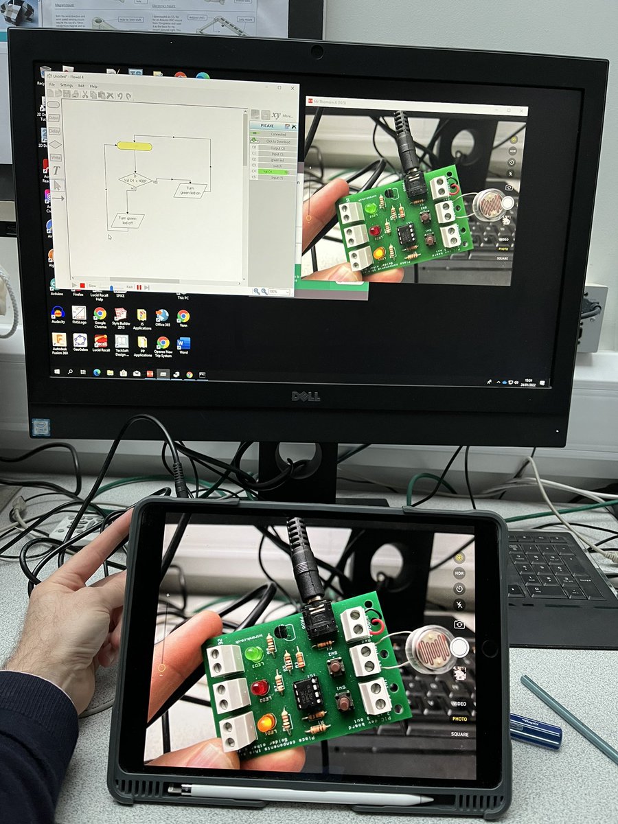 HighgateDTE's tweet photo. Picaxe is still a great place to start when teaching about microcontrollers. The speed and instant feedback with transducers when using #flowol is a great spring board into future lessons on microbits, arduinos, vex and PLC with pneumatics. #picaxe #kitronik #LDR #mirror https://t.co/y6RmpQ9hfT