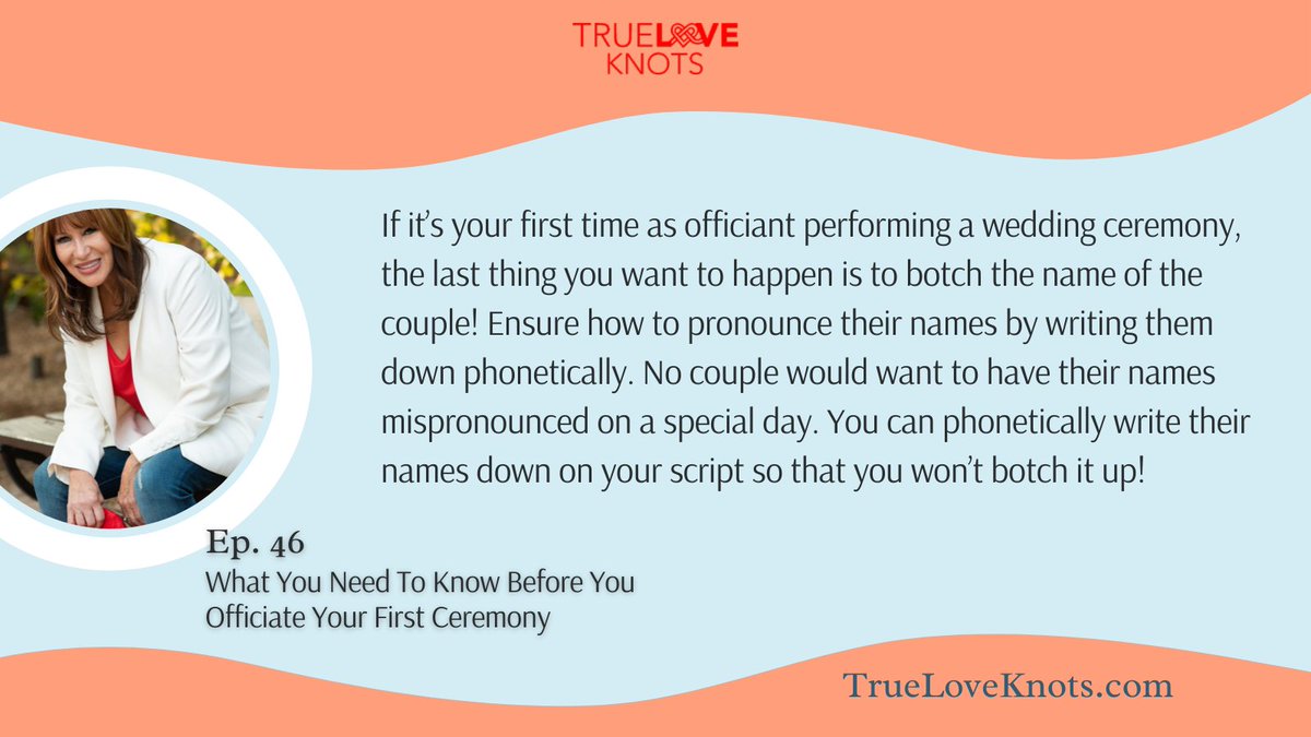 TrueLoveKnots's tweet photo. Mispronouncing the couple’s names in their wedding is the last thing you want to do. So you need to make sure that you know how to pronounce their names correctly. #Officiating101 #Weddingofficiant #OfficiatingTips
Podcast: https://t.co/GwS3zwCepJ
YouTube: https://t.co/lybTLMUHI6 https://t.co/3y6uKQ3Z6P