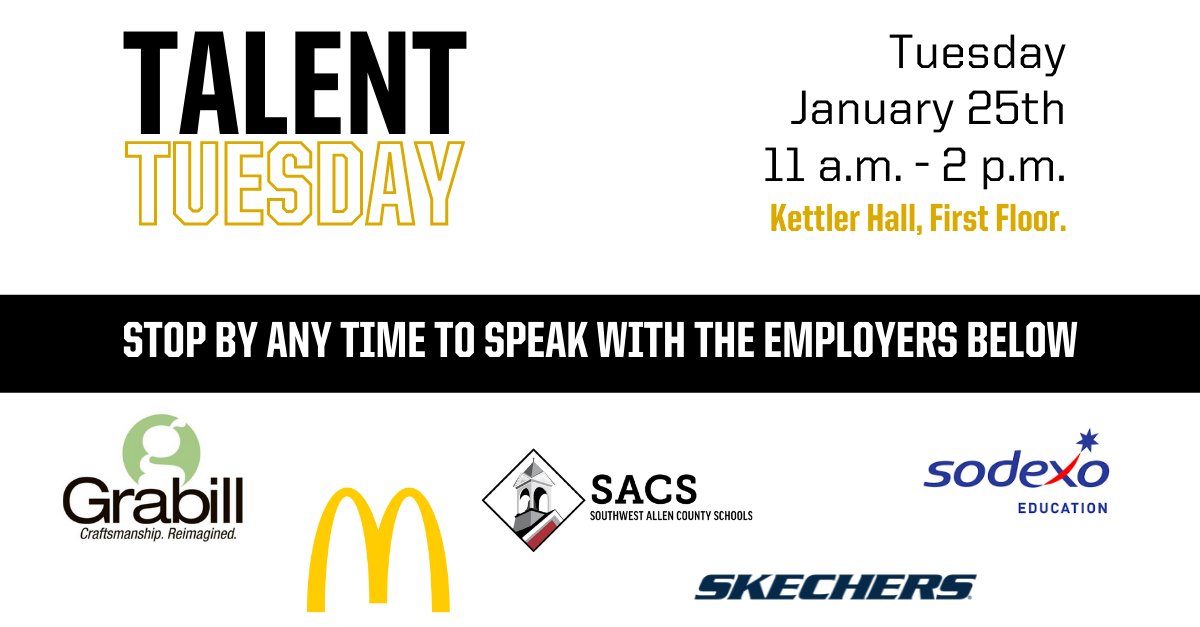 #Dons, Talent Tuesday is tomorrow! It's open to all students and majors. Stop by between 11 a.m. and 2 p.m. to talk with any of the five employers coming to campus.

#networking  #godons #pfw #fortwayne #recruiting #talenttuesday #students <a href="/PurdueFWSA/">PFW VC for Enrollment Management & Student Affairs</a> <a href="/purduefw/">Purdue University Fort Wayne</a> <a href="/IUFortWayne/">IU Fort Wayne</a>
