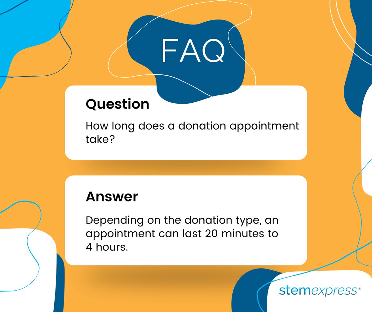 CGT_Global's tweet image. There may be a lot you're unsure of with donating. No worries, we've got answers!

Depending on what's being drawn, a donation appointment can last anywhere from 20 minutes (regular blood draw) to 4 hours (bone marrow). 

#DonateBlood #TogetherForScience #BloodDonors