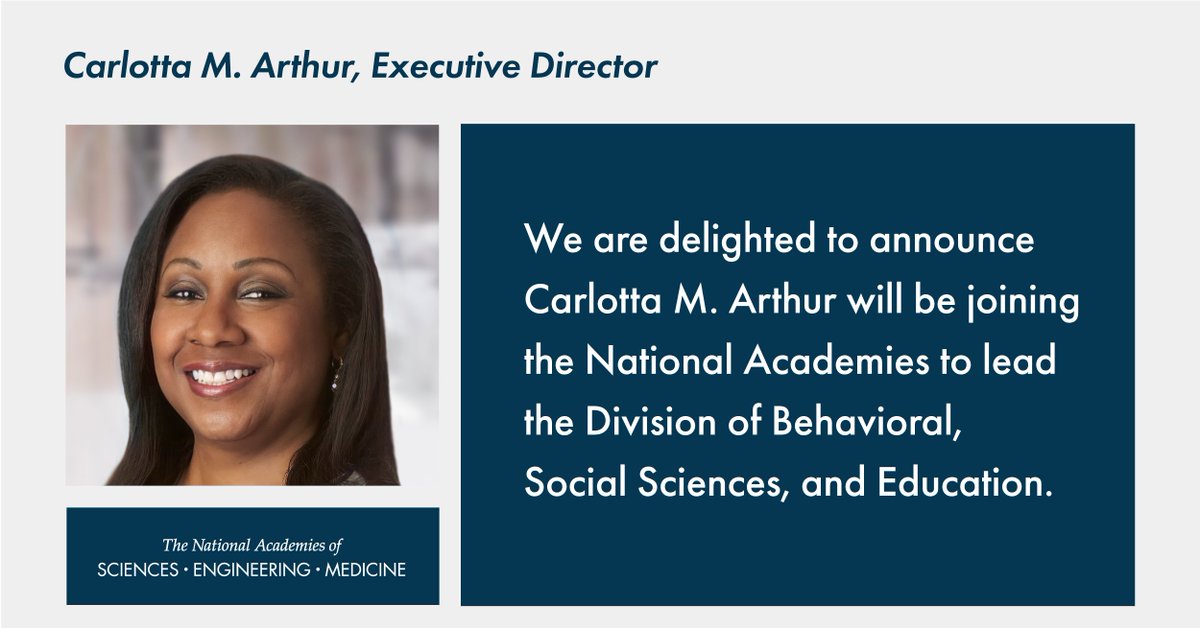 theNASEM's tweet photo. The National Academies is excited to welcome Dr. Carlotta M. Arthur as our new executive director for @NASEM_DBASSE! Dr. Arthur comes from @HLuceFdn where she serves as director of its Clare Boothe Luce Program for #WomenInSTEM.
Learn more: https://t.co/2D9JXTa0V6 #socialscience https://t.co/yp2QD7efJu