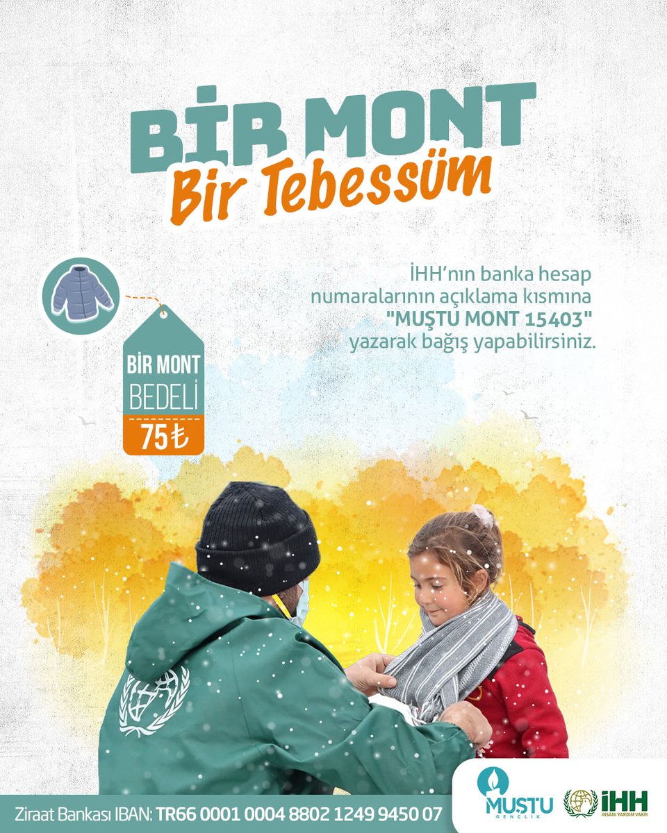 Arkadaşlar! 
Hepinizi İdlip'de soğukla mücadele eden çocuklara el uzatmaya çağırıyoruz. <a href="/mustugenclik/">Muştu Gençlik</a> 'in  <a href="/ihhinsaniyardim/">İHH</a> ile yürüttüğü kampanyaya İHH'nın banka hesaplarının açıklama kısmına  "MUŞTU MONT 15403" yazarak katılabilirsiniz. 
Mont bedeli 75 TL.