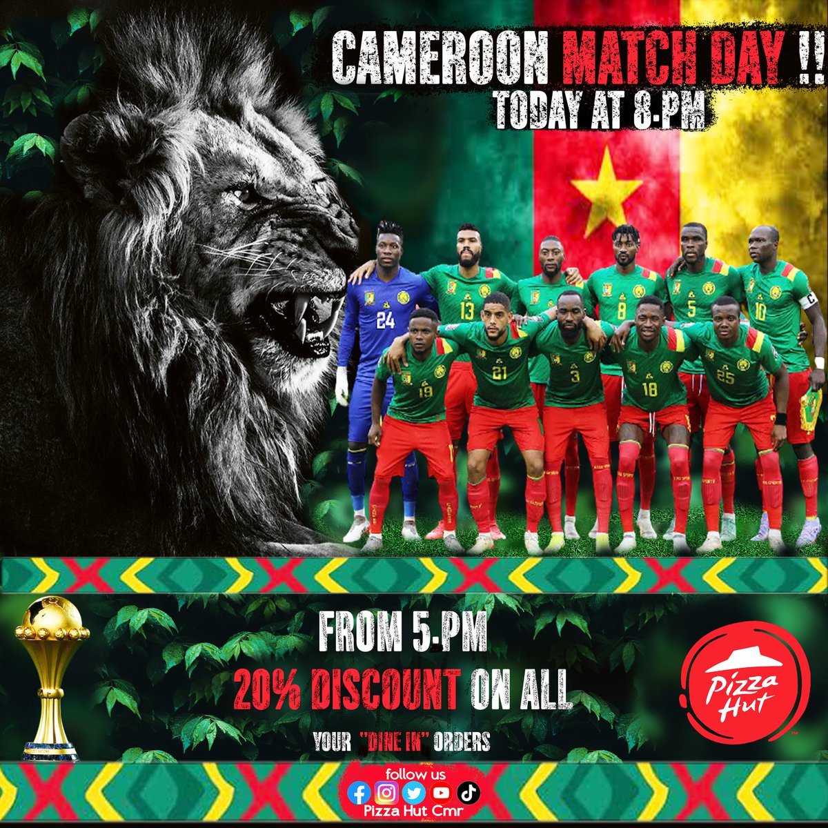 pizzahutcmr's tweet photo. For the 1/8th, let’s get behind our Lions 🦁.

Tonight we roar!!!!
#CameroonVsComoros
#PizzaHutCmr
#ForTheLoveOfPizza🍕✨ https://t.co/WoTe0ODvDm