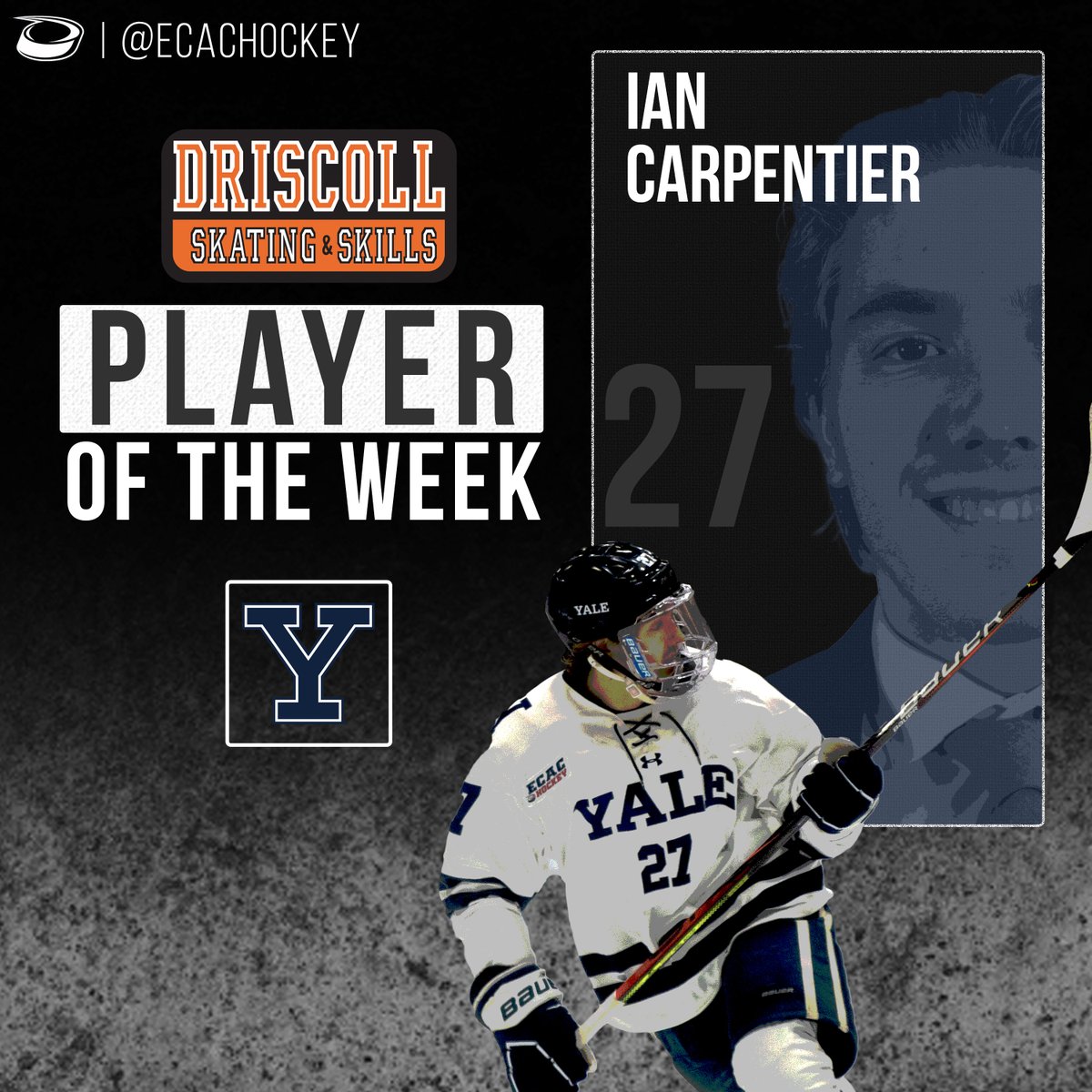 PLAYER OF THE WEEK 🏅

Ian Carpentier just could not stop scoring goals this weekend. The <a href="/YaleMHockey/">Yale Men's Hockey</a> sophomore found the back of the net 4️⃣ times, and added an assist to help the Bulldogs to an #ECACHockey sweep of RPI and Union.

Powered by <a href="/driscoll_hockey/">Driscoll Skating & Skills</a> 🏒