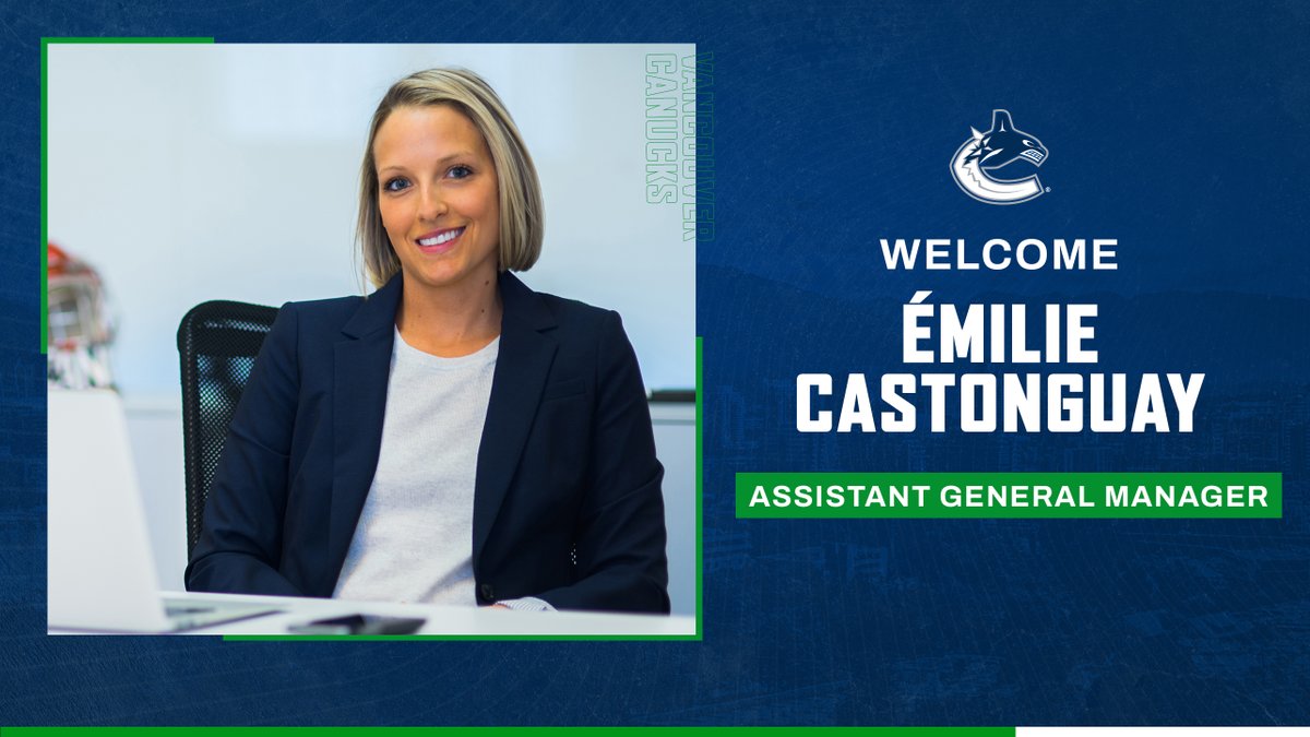 Canucks's tweet image. Canucks President, Hockey Operations and Interim General Manager Jim Rutherford announced today that Émilie Castonguay has been named Assistant General Manager.
Castonguay becomes the first female Assistant General Manager in team history.

DETAILS | canucks.co/qo4Z50HBLGQ