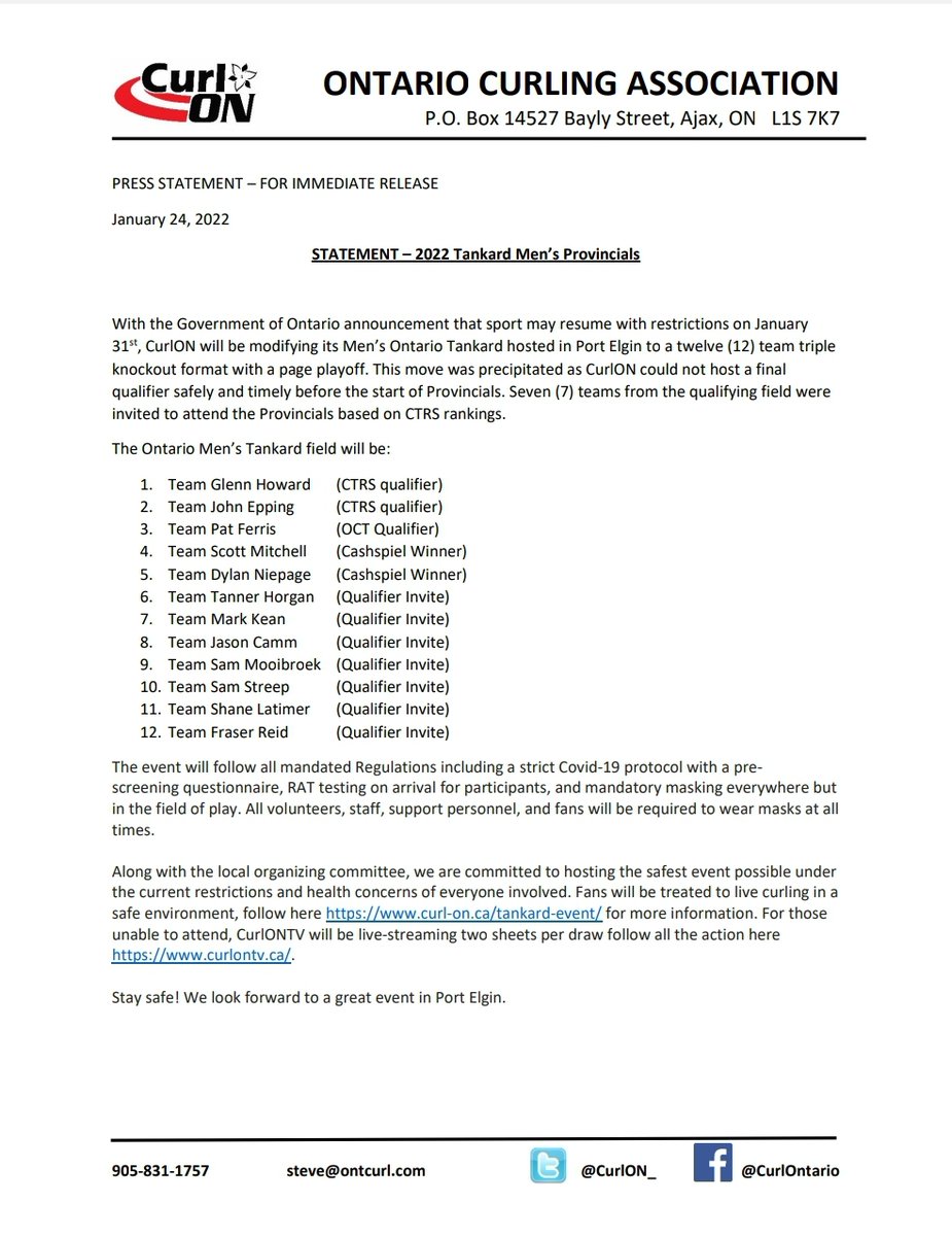 Statement RE: 2022 Tankard Provincial Championships