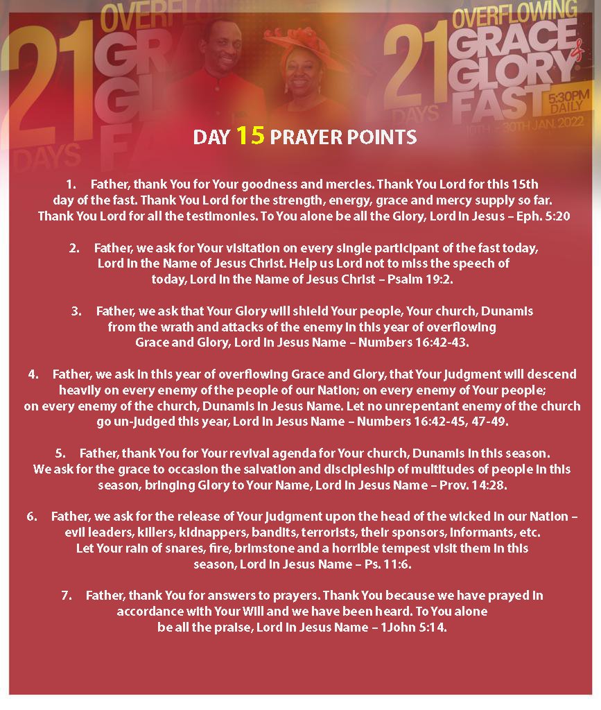drbeckyenenche's tweet photo. #January2022 #2022OverflowingGraceAndGloryFast #Day15 #OurMonthOfDivineDirectionAndVision #OurYearOfOverflowingGraceAndGlory
2022 OVERFLOWING GRACE AND GLORY FAST – DAY 15 – MONDAY 24TH JANUARY 2022
MESSAGE TOPIC: DELIVERANCE BY THE GLORY
By: Dr Paul Enenche https://t.co/6hWdwtdtJL