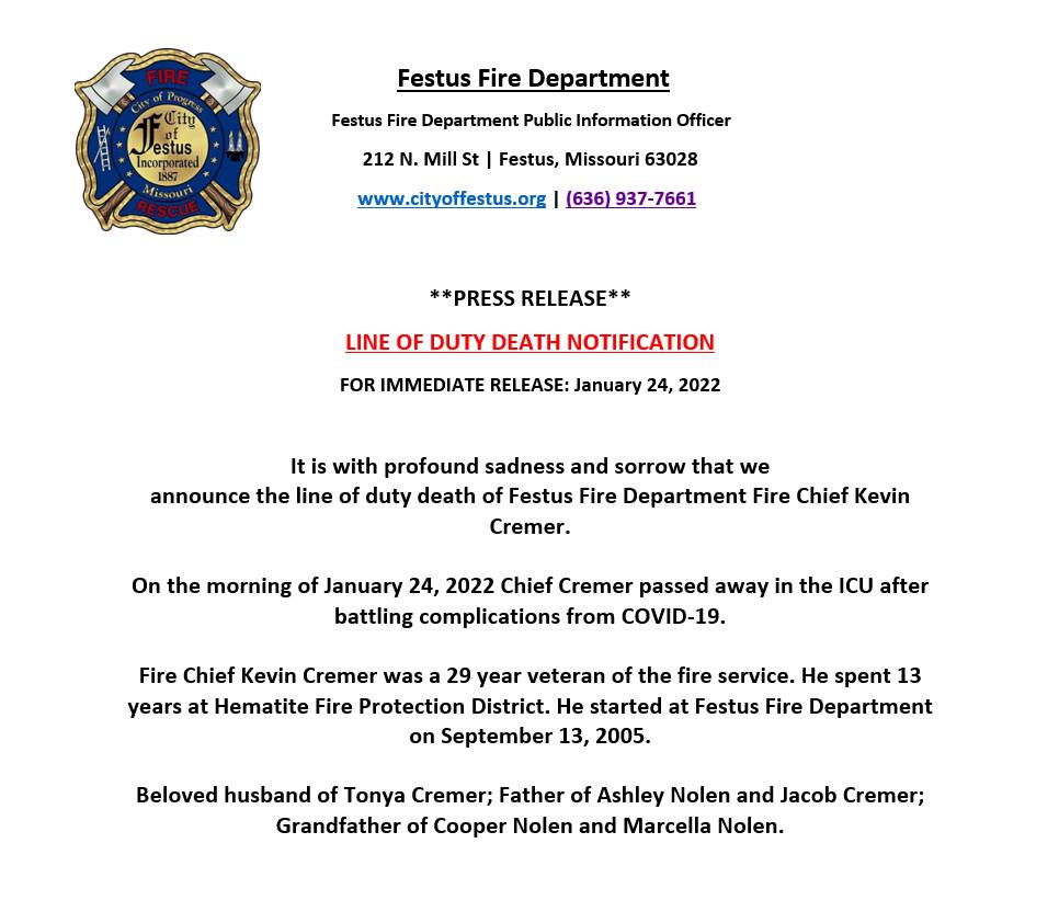 JustinaCoronel's tweet image. Terrible update. The Festus Fire Chief has passed away after battling complications from COVID-19. Just 12 days ago, we did a story sharing his impact on his community. I asked one of the firefighters what Chief Cremer meant to the department. They said, he's everything.