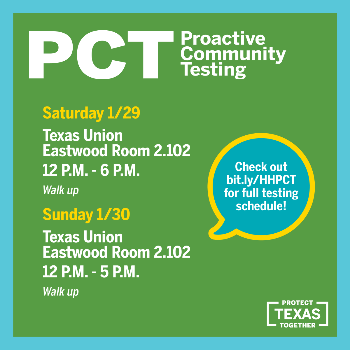 Healthyhorns's tweet photo. WEEKEND HOURS AVAILABLE! Proactive Community Testing is available this week! UT students, faculty and staff who are 100% healthy are invited to view the schedule and book a quick and easy asymptomatic https://t.co/v3gsoJm04a