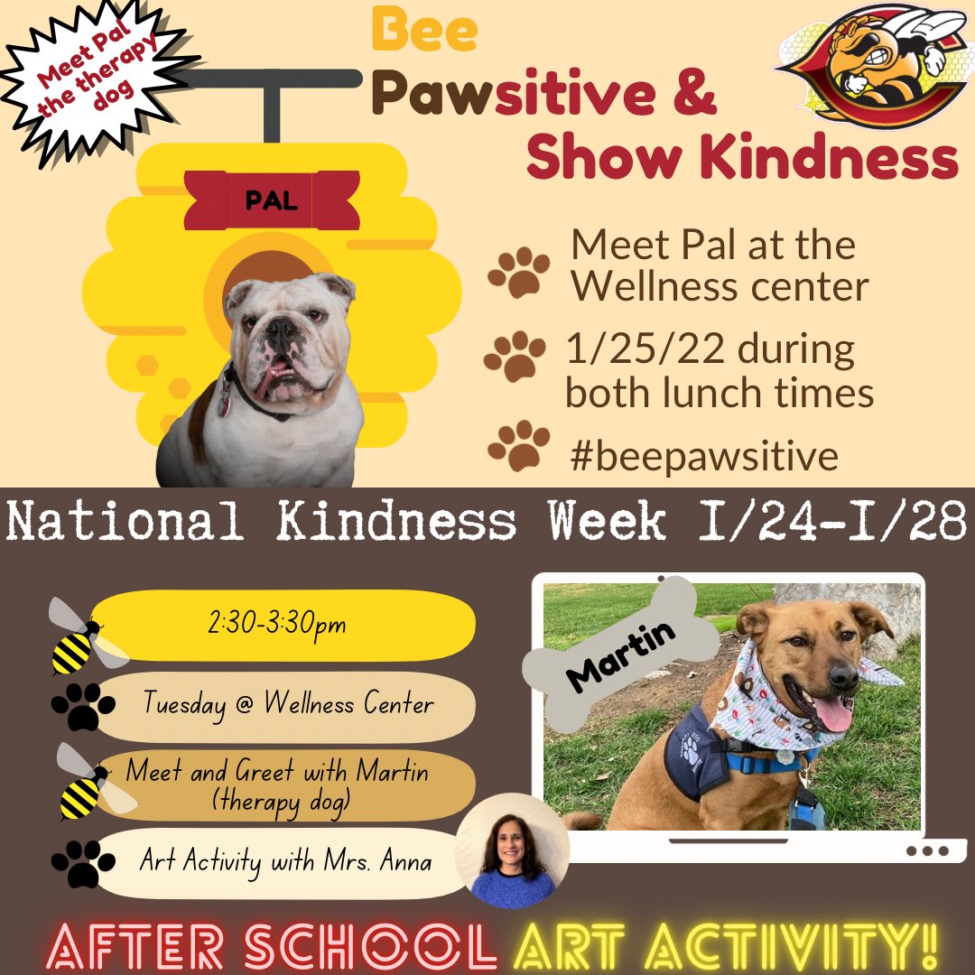 Kindness also includes YOU! Join us tomorrow during both lunch breaks at the Wellness Center to cuddle with Pal! He is a therapy dog certified to bring you joy and happiness 🥰

After school the wellness club will be hosting Martin 🐶 and his handler Anna for an art activity 🎨!