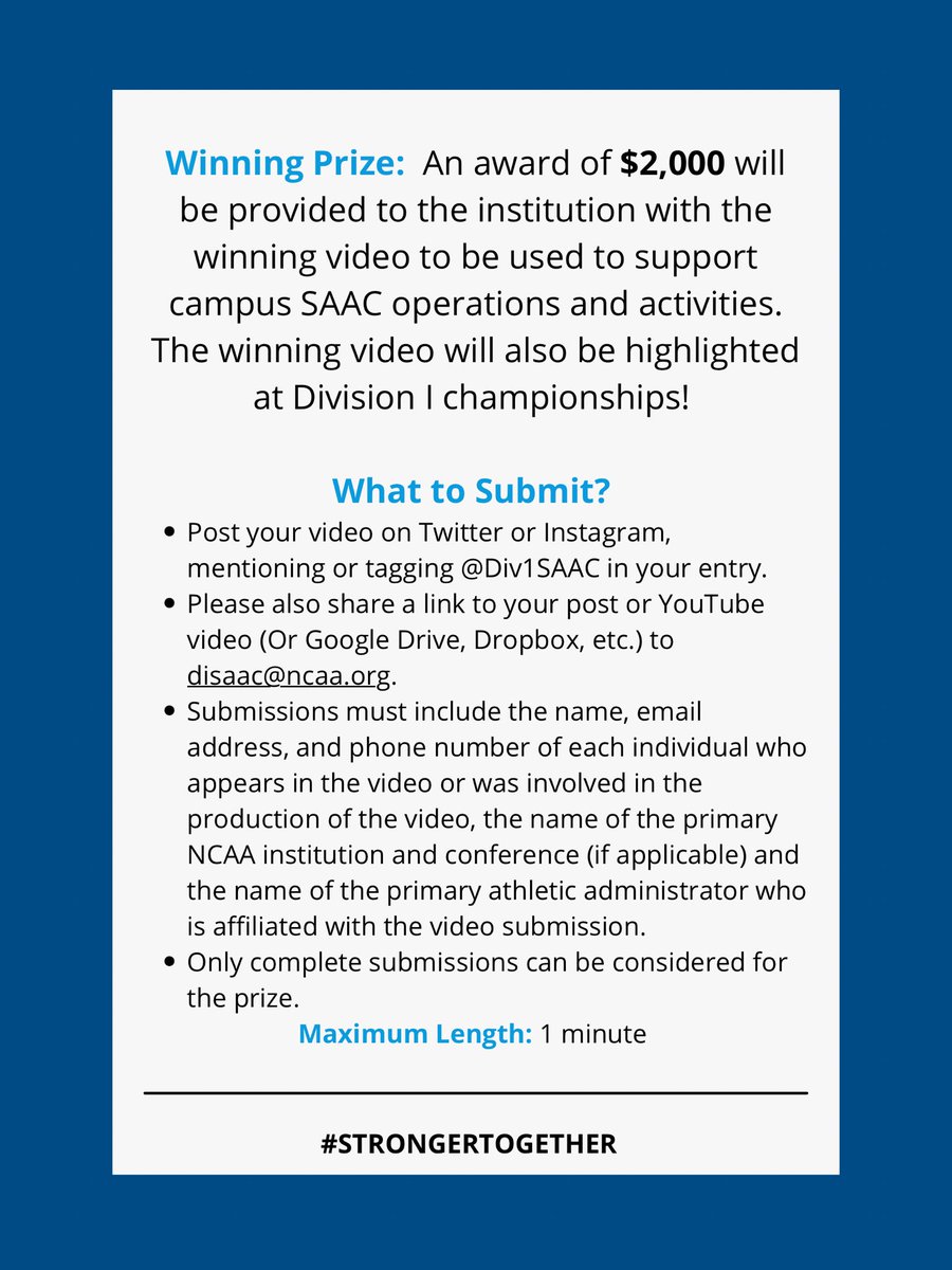 Div1SAAC's tweet photo. It’s THAT time of year, now announcing the DI National SAAC Video Contest: Stronger Together 📢 Click the link for more info: https://t.co/LT0smP9XKx https://t.co/lwXzm08KV0