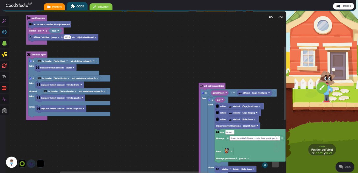 Programmez un jeu vidéo grâce à <a href="/Cood_fr/">Cood</a>. Développez les compétences de #techno et #numériques en classe en programmant avec un langage graphique comme <a href="/scratch/">Scratch Team</a>.▶️cood.fr