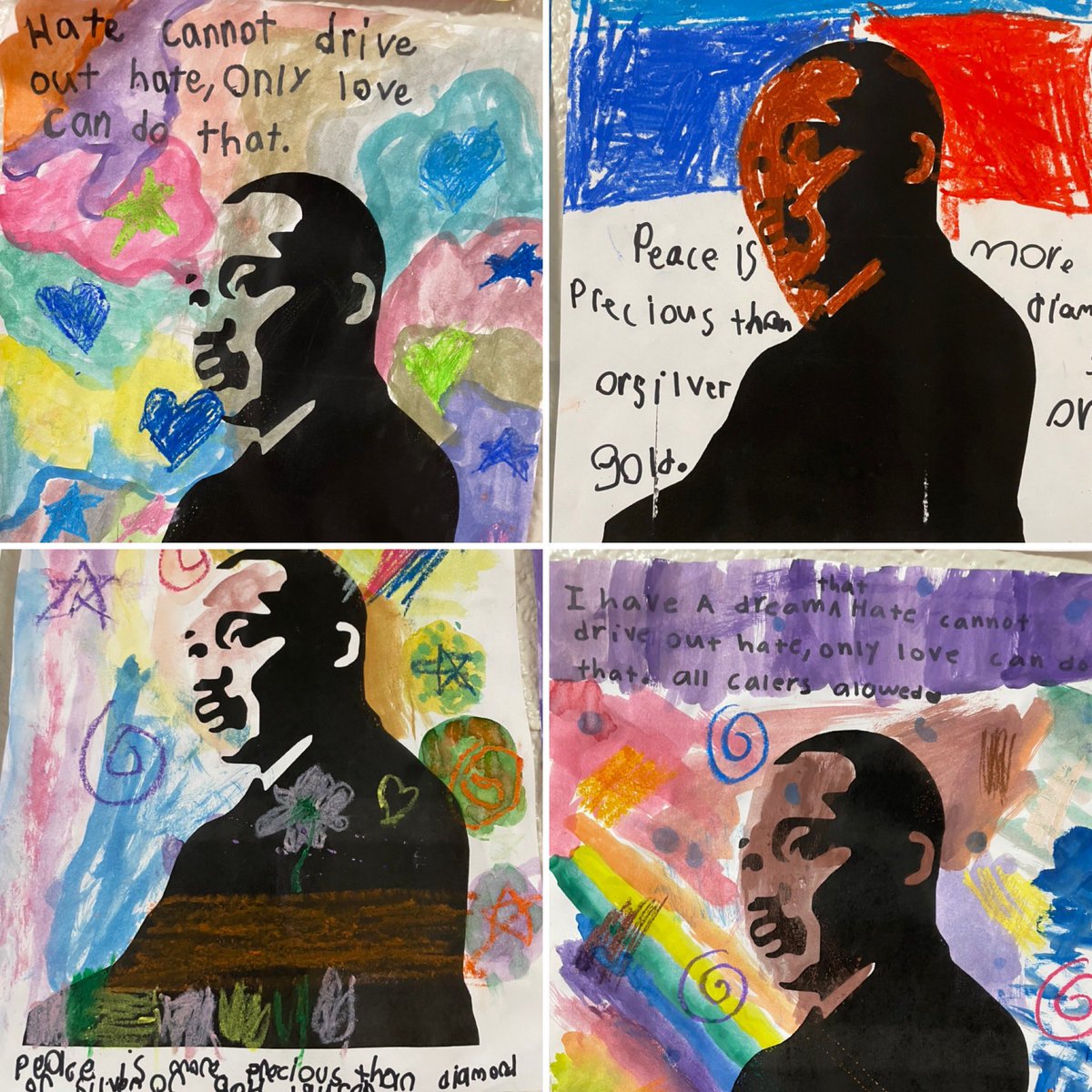 My class has learned so much about Martin Luther King, Jr. Shoutout to the Creativity Project for this lovely open-ended art activity that helped us create these beautiful pieces of art while exploring big concepts. ♥️💜🖤🧡🤎🤍 #WEareLakota #HopewellHeroes #MLKDay2022