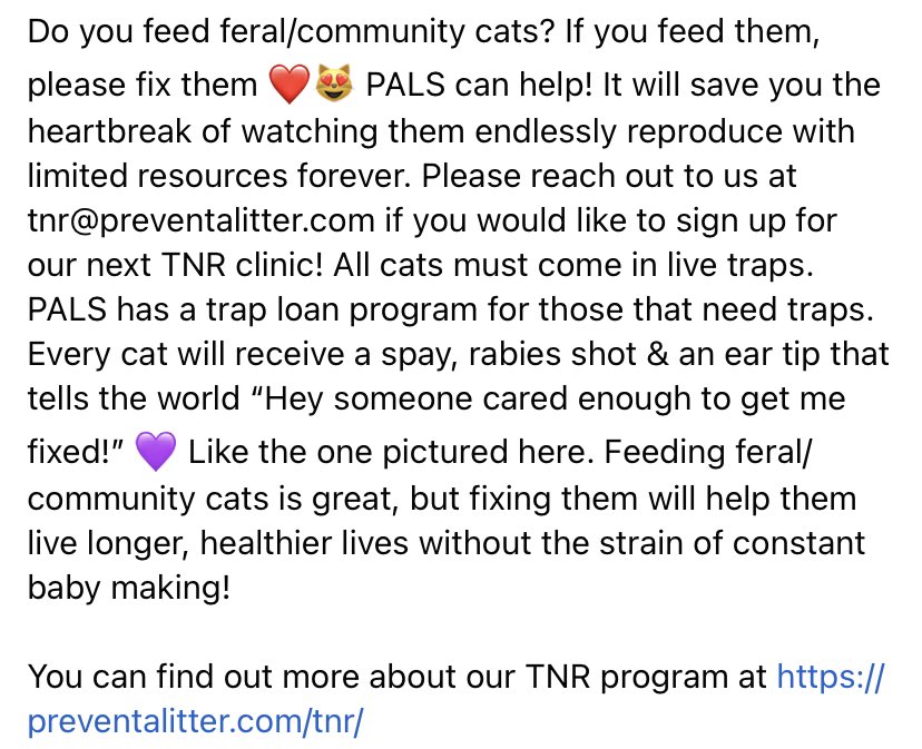 PALSCenTX's tweet photo. Do you feed feral/community cats? If you feed them, please fix them ❤️😻 PALS can help! Please reach out to us at tnr@preventalitter.com if you would like to sign up for our next TNR clinic!

Learn more about our TNR program at https://t.co/uymJpvKnhS https://t.co/xFffFsqIqU