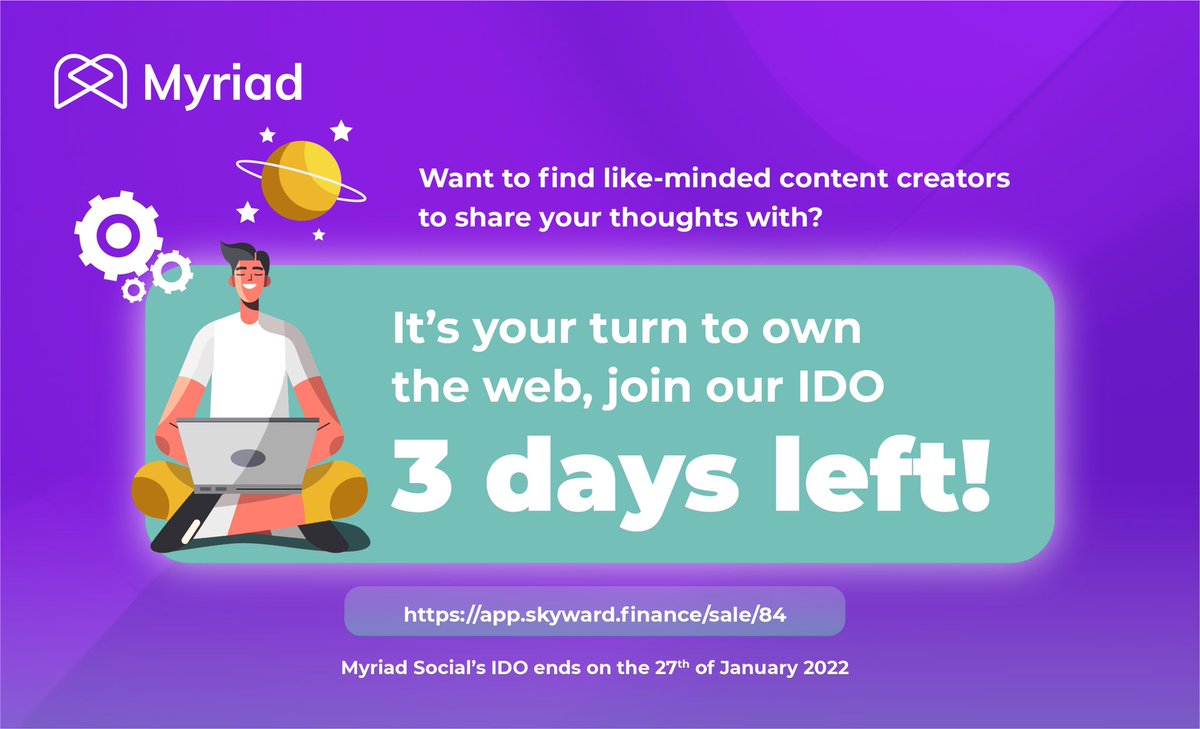myriad_social's tweet photo. Did you know you only have 3 MORE DAYS until the $MYRIA IDO is over?! Its been a ride friends👏

Now is your chance to:
🟣Own the web
🟣Own your #cryptocurrency 
🟣Take regular social media to the next level!

Get your $MYRIA now: https://t.co/3m3HymwvSJ https://t.co/Ok8MWFyZwH