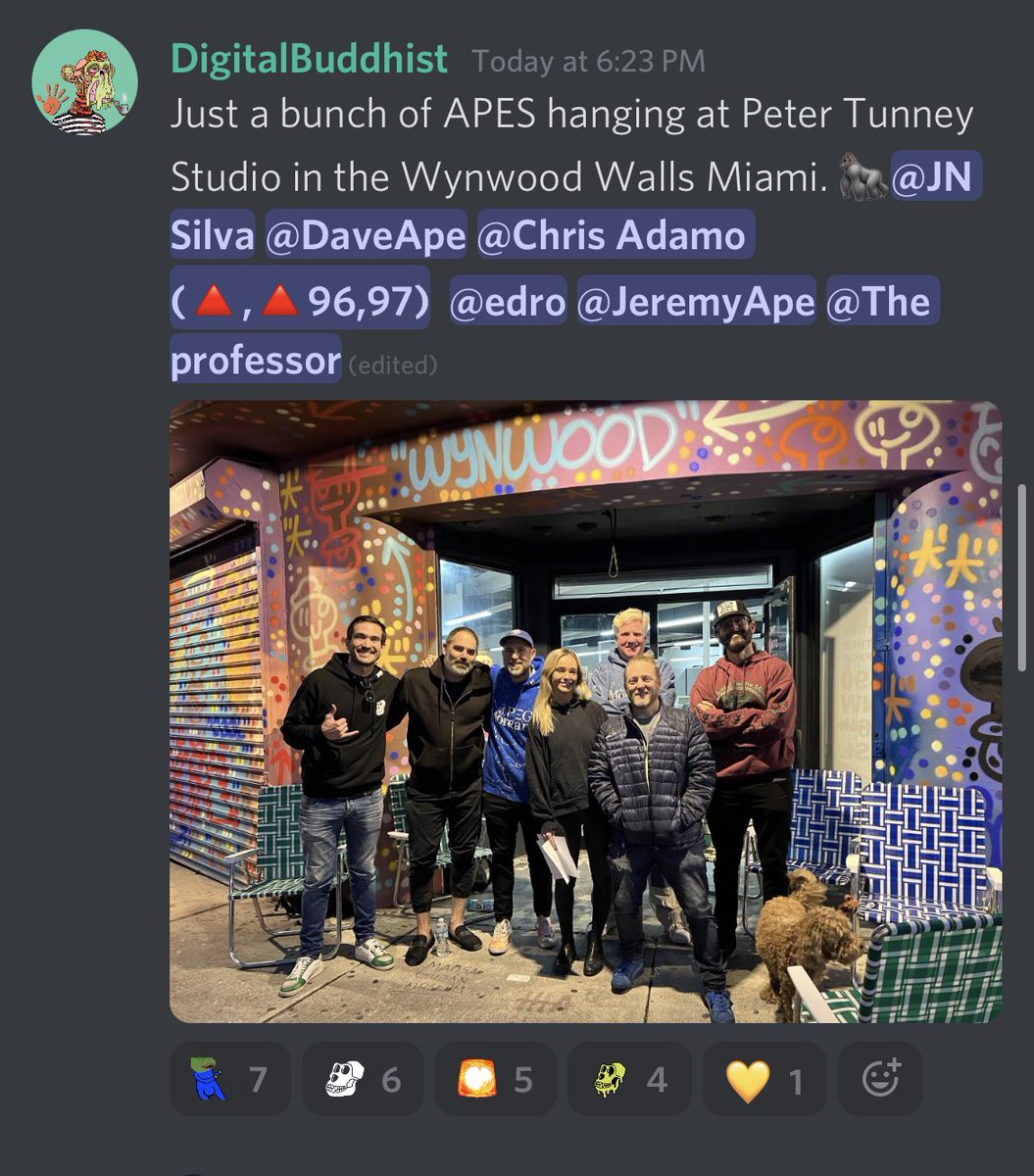The <a href="/tunneymunney/">Tunneymunney</a> Ape crew hanging @ Peter Tunney gallery in Wynwood Walls Miami, and getting some love in  <a href="/BoredApeYC/">Bored Ape Yacht Club 🍌</a> Discord. Get  #InTheMunney 💰 

tunneymunney.io 

#BoredApeYachtClub <a href="/_PPMan_/">PPMan 🦍</a> #MutantApe #nft  #wynwood #miami #art  <a href="/PabloLopez83/">Pablo Lopez 🍌</a> @MISTERETHEREUM