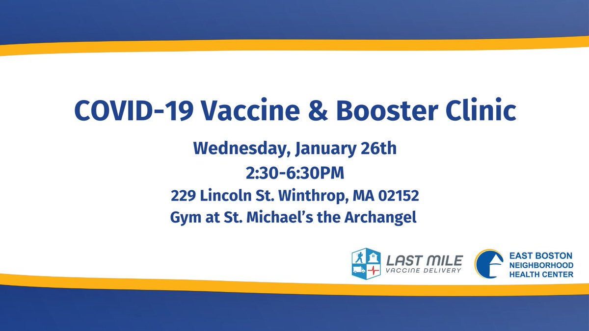 Wednesday, 1/26, @HealthyWinthrop is holding a Pfizer COVID-19 vaccine and booster clinic for everyone ages 12+. The clinic will be open from 2:30-6:30PM at 229 Lincoln St in Winthrop. Walk ins are welcome. To schedule an appointment: hipaa.jotform.com/220206114451136. @LastMileVaccine