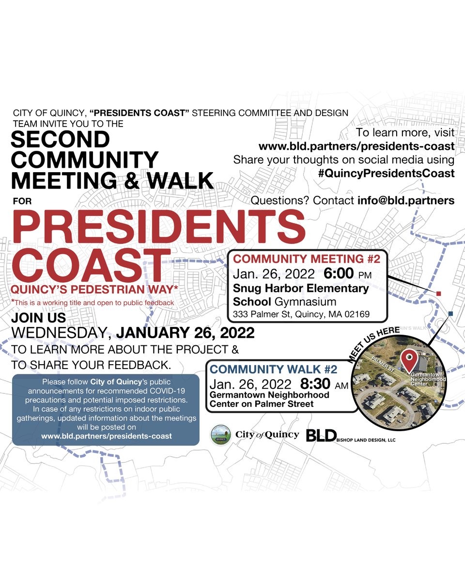 Please join us for the 2nd community walk and meeting this Wednesday, January 26th in Quincy's Germantown neighborhood. See below for more info.
#quincypresidentscoast
