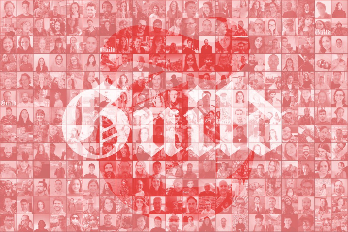Mosaic of selfies of unit members with a red Times Guild logo superimposed on top