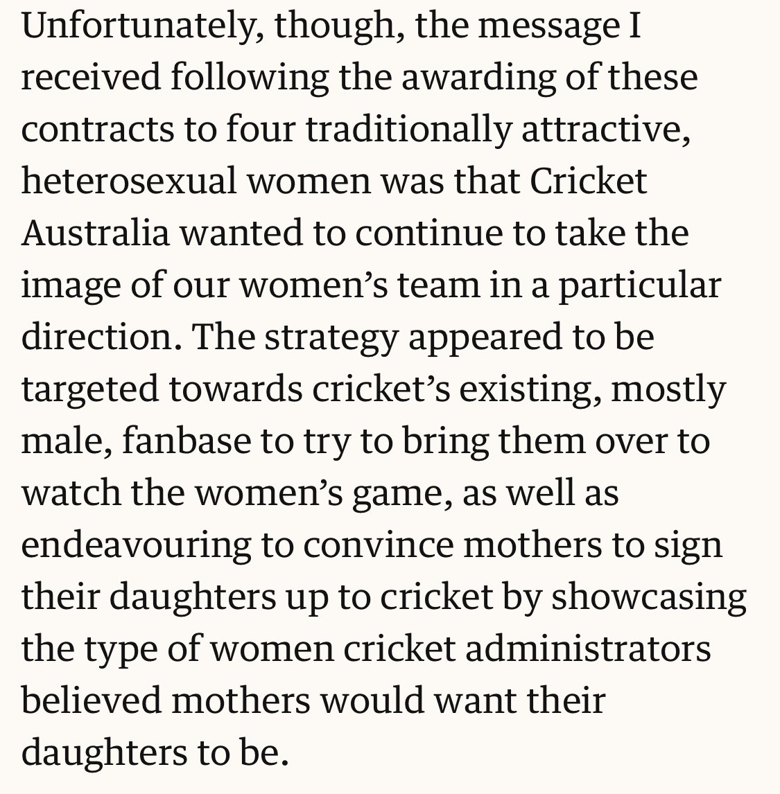 RafNicholson's tweet photo. Huge kudos to @AlexBlackwell2 for being brave enough to discuss these issues publicly. The uncomfortable truth is that there is still a particular type of female cricketer who the boards are keener to promote, and it is all centred on the male gaze.

https://t.co/hfIj60O9YQ https://t.co/9SWX0wBrDQ