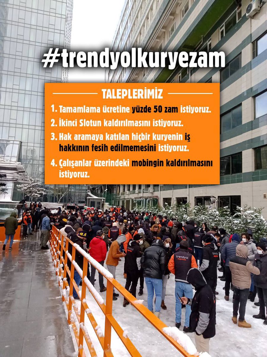Trendyol işçilerine, TÜİK’in oynanmış rakamlarında bile %36 olan enflasyonun çok altında %11’lik zam teklifi kabul edilemez. İşçilerin 4 maddeden oluşan haklı taleplerine bir an evvel olumlu cevap verilmelidir. Kontak kapatan kuryelerimizin yanındayız. #Trendyolkuryezam