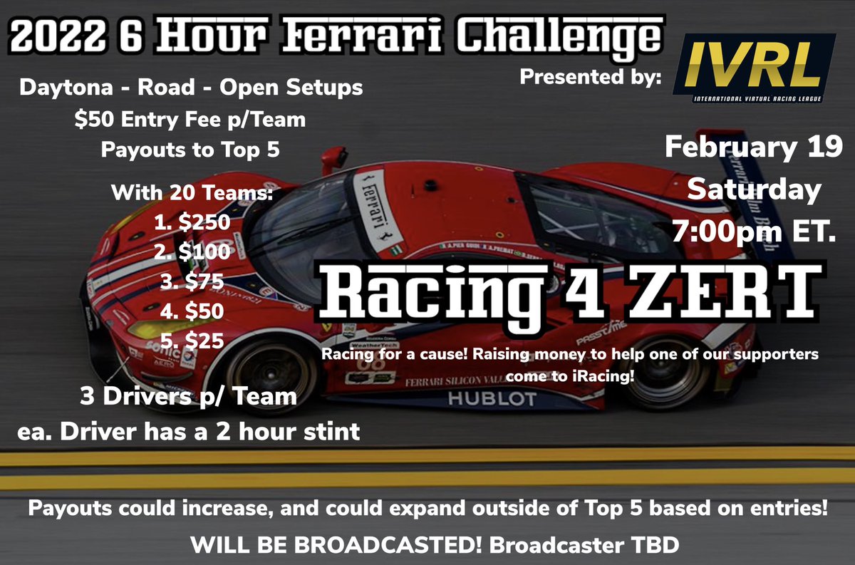 _IVRL_'s tweet photo. How about a 6 Hour Ferrari Challenge anyone⁉️🏎
Sign Ups are open NOW! #IVRL #Racing4ZERT https://t.co/gDjtsO3aG9