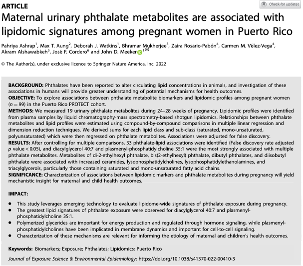 Our prepint is now published in <a href="/JExpSciEnvEpi/">JESEE</a>! We report #lipidomic signatures associated with #phthalate exposures during pregnancy in the <a href="/PROTECT_SRP/">PROTECT</a> cohort. Lipid-mediated mechanisms may be an important link for downstream health outcomes!
nature.com/articles/s4137…