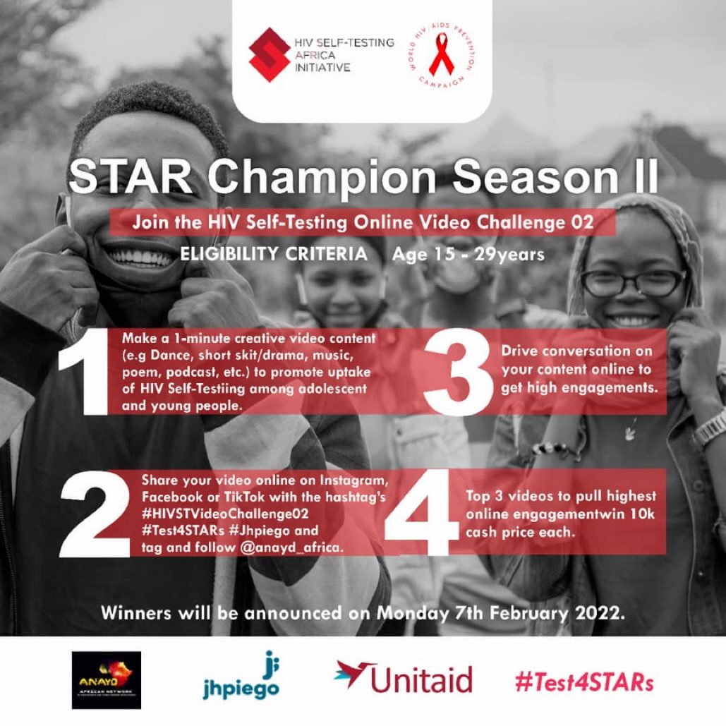 Real_jaeflex's tweet photo. HIV Self Testing among youths should be normalised. So join the movement and Use your creativity to make a fun video promoting HIV Self testing and be one of the Top 3 to be our STAR Champion. #HIVSTVideoChallenge02
Together We Can
#Test4STARs
#Jhpiego
@anayd_africa https://t.co/OlZ538s5YA