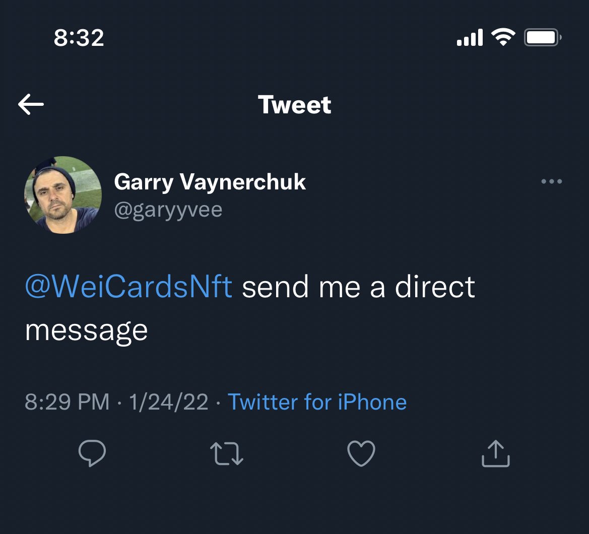 A fake Garry Vee account is interested. Let’s see if we can grab the attention of the real <a href="/garyvee/">Gary Vaynerchuk</a>?
Contract: 2017 Dec 23.
Supply: 100
Floor: 6.9 ETH
Utility: wei.cards