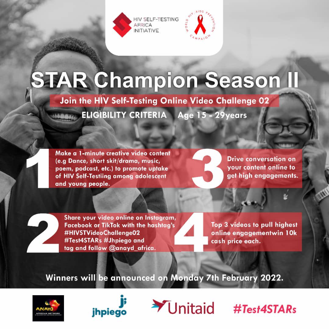 GodfreyGad's tweet photo. HIV Self Testing among youths should be normalised. So join the movement and Use your creativity to make a fun video promoting HIV Self testing and be one of the Top 3 to be our STAR Champion. #HIVSTVideoChallenge02
Together We Can
#Test4STARs
#Jhpiego
@anayd_africa https://t.co/3tu6zoXLP4