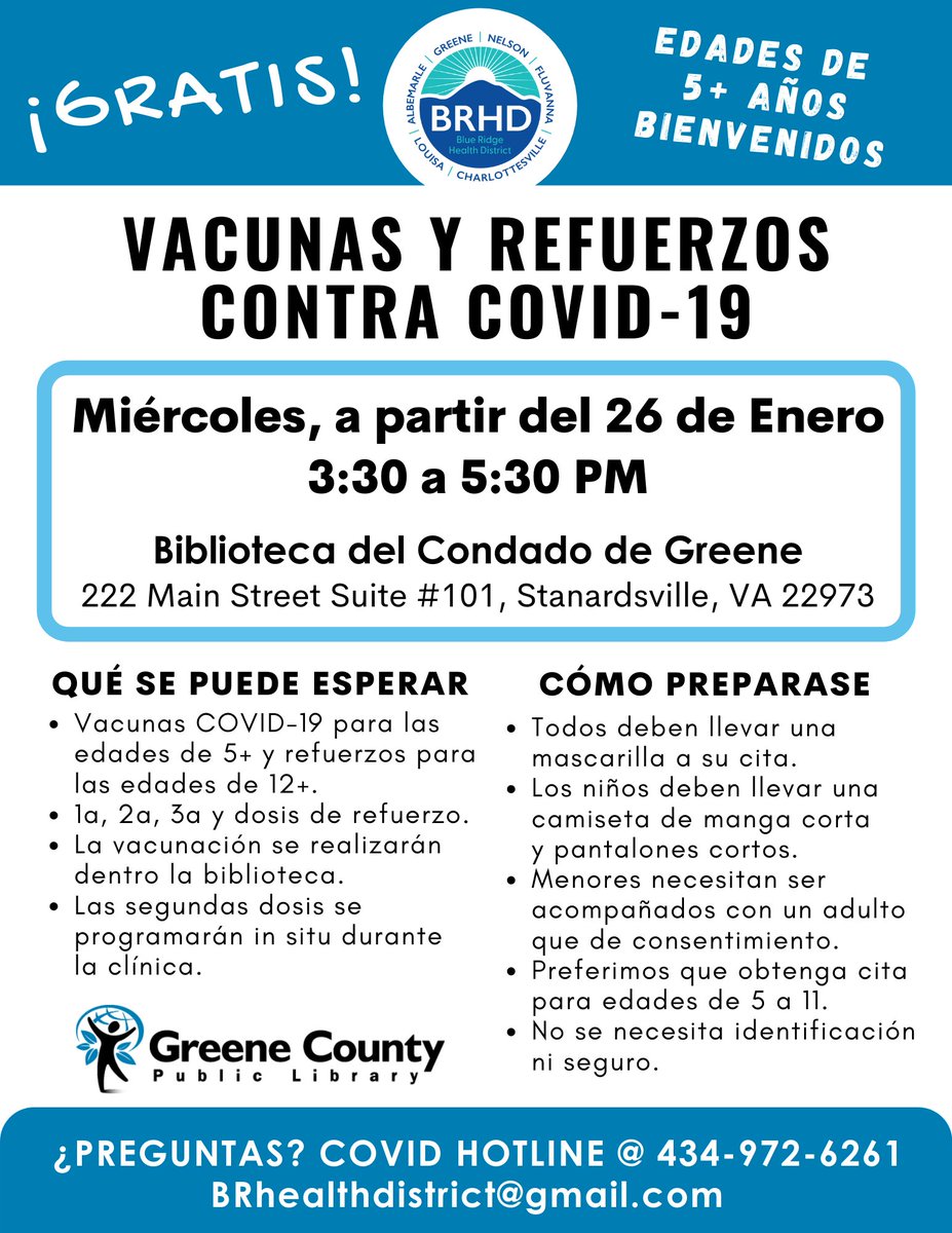Every Wednesday through March, @HealthyBRHD will offer free vaccines and boosters for anyone who qualifies at JMRL's Greene County Library branch from 3:30 - 5:30 pm. Appts preferred for ages 5-11. Contact BRHD's COVID-19 Hotline at 434-972-6261. #jmrl #jmrlib 