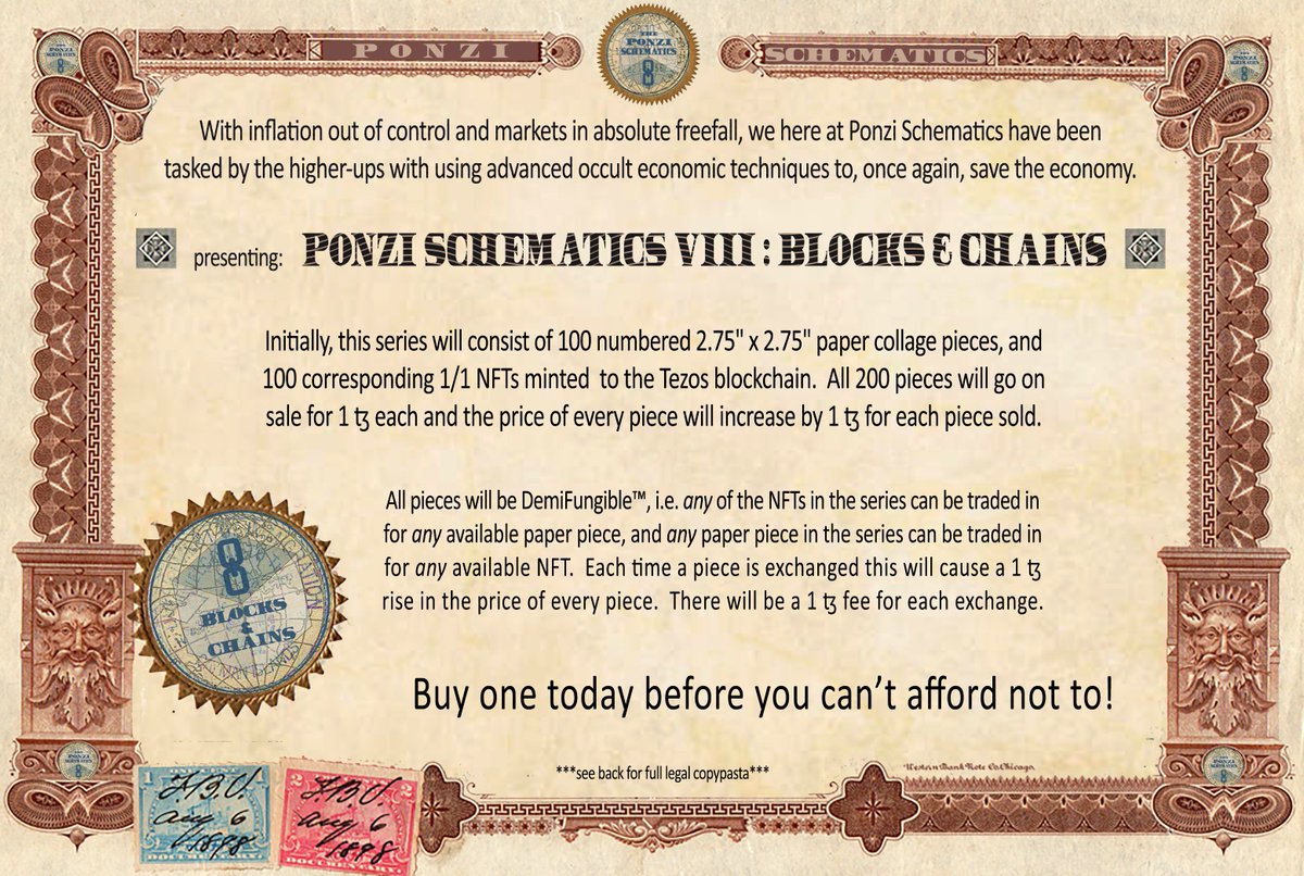 PonziThe's tweet photo. With inflation out of control and markets in absolute freefall, we here at Ponzi Schematics have been tasked by the higher-ups with using advanced occult economic techniques to, once again, save the economy.

Presenting:   Ponzi Schematics VIII : Blocks &amp; Chains https://t.co/0IMLnb1283
