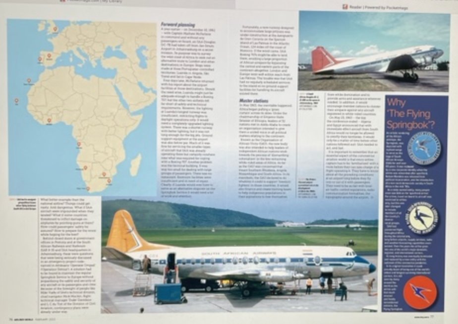 My latest book #THEFLYINGSPRINGBOK is featured in the current issue of <a href="/_airlinerworld/">Airliner World</a> the world’s most popular &amp; widely-read aviation magazine. Here's a peek of the 8-pages spread. On newsstands NOW! #theflyingspringbok #airlinerworld #ssa lionelfriedberg.com