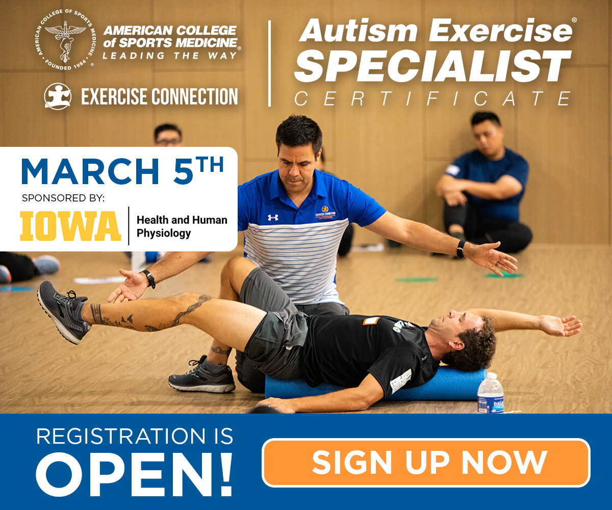 ExerciseConnect's tweet photo. Registration for the Autism Exercise Specialist Certificate hosted by @UIowaHHP is now open! This dynamic in-person workshop will take place at the University of Iowa, Saturday, March 5th. To learn more and Register today: https://t.co/Y8pJRVU6i7 https://t.co/lrAPioaFSf