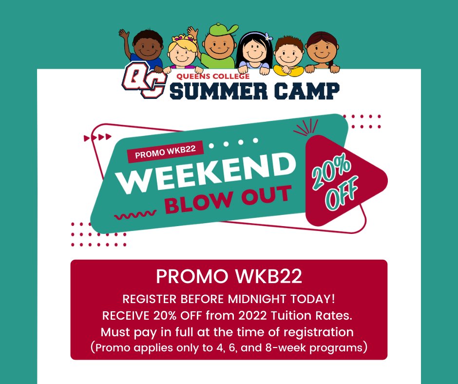 QCSummerCamp's tweet photo. QC Summer Camp - 20% Discount Ends Today! We are excited for a fun filled summer. As a friendly reminder, our 20% off sale ends tonight at midnight. Please register today to take advantage of this discount. It's our biggest discount every year! https://t.co/8hLawQucWX