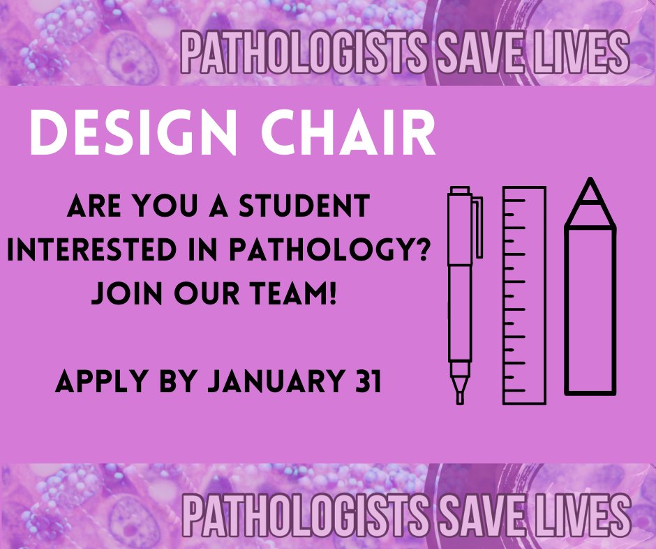 IPathC's tweet photo. Are you a student interested in pathology? We are recruiting for two (2) design chair positions for our student council!
Apply here by January 31: https://t.co/w8gISFDzgy
#PathologistsSaveLives #PathTwitter #MedStudentTwitter https://t.co/2TpkpfzObM