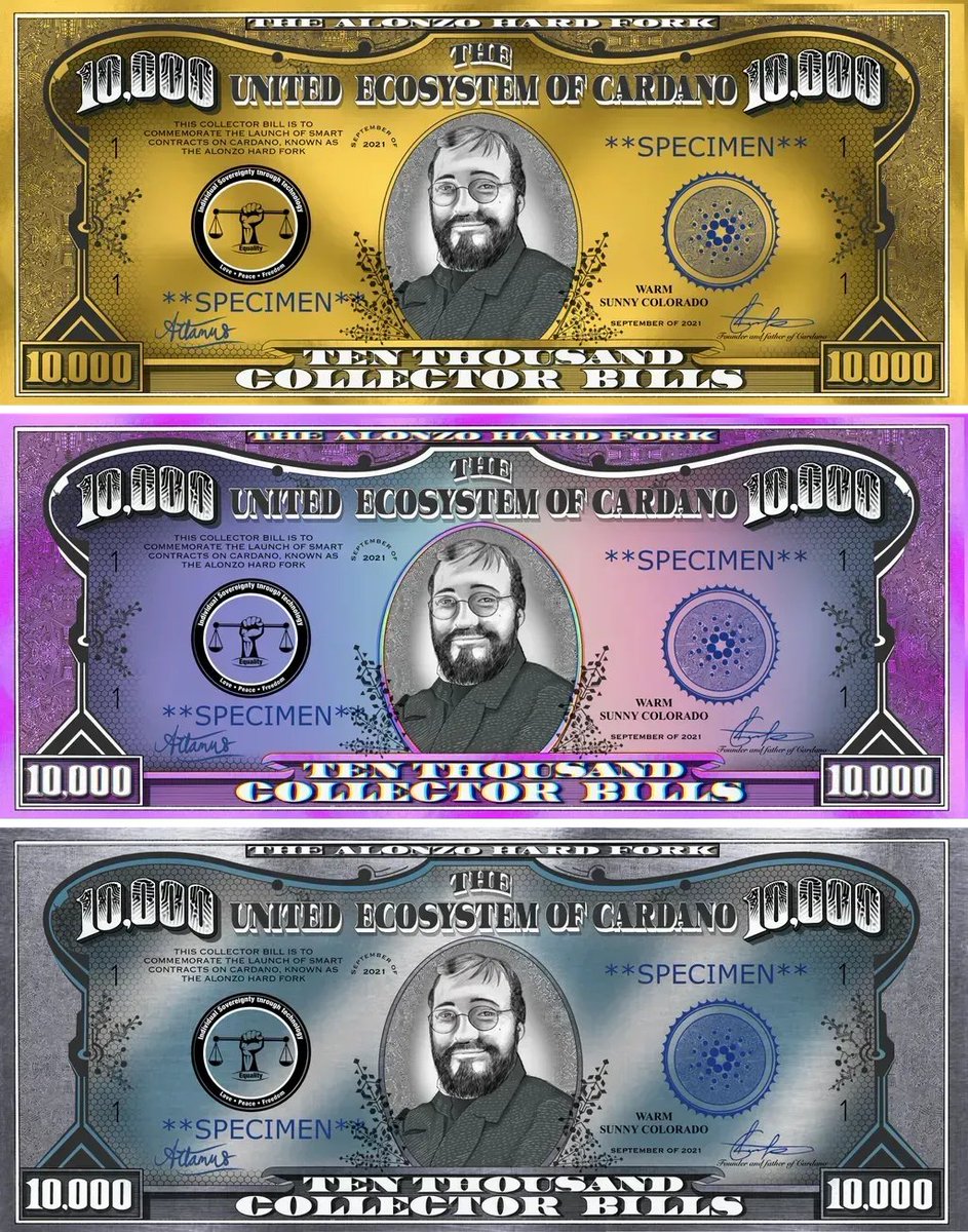CardanoBills's tweet photo. Our upcoming Cardano Bills #NFT mint 👉 

🪙 2000 Gold
🟣 3000 Purple
🔵 5000 Gunmetal Blue

🤫 3 Rarity levels in each edition
👽 Additional Alien Elite stamps in just 712 of the bills!

Join our Discord at https://t.co/CsymbGIFVn

#nfts #NFTCommunity #NFTdrop https://t.co/cAWtkPDbfF