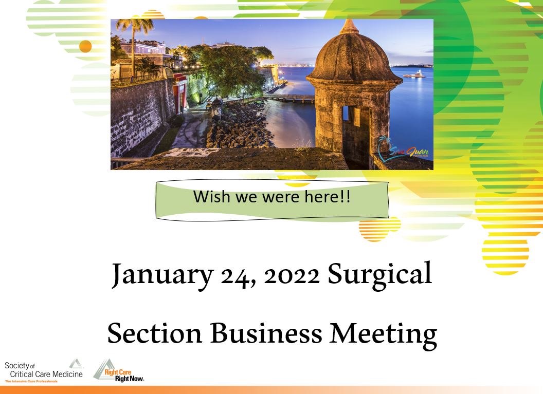 SCCM Surgery Section (@sccm_surgery) on Twitter photo In the next hour, we will have our <a href="/SCCM_Surgery/">SCCM Surgery Section</a> Business Meeting.
Join us via ZOOM. <a href="/dakuhls/">Deborah Kuhls</a> @salpilotmd <a href="/nielsmd/">Niels D. Martin, MD, FACS, FCCM</a> <a href="/traumamd1/">Ariel Santos</a> <a href="/LombardozziKA/">Kristine Lombardozzi</a> <a href="/KericNatasha/">Natasha Keric</a> In the next hour, we will have our <a href="/SCCM_Surgery/">SCCM Surgery Section</a> Business Meeting.
Join us via ZOOM. <a href="/dakuhls/">Deborah Kuhls</a> @salpilotmd <a href="/nielsmd/">Niels D. Martin, MD, FACS, FCCM</a> <a href="/traumamd1/">Ariel Santos</a> <a href="/LombardozziKA/">Kristine Lombardozzi</a> <a href="/KericNatasha/">Natasha Keric</a>