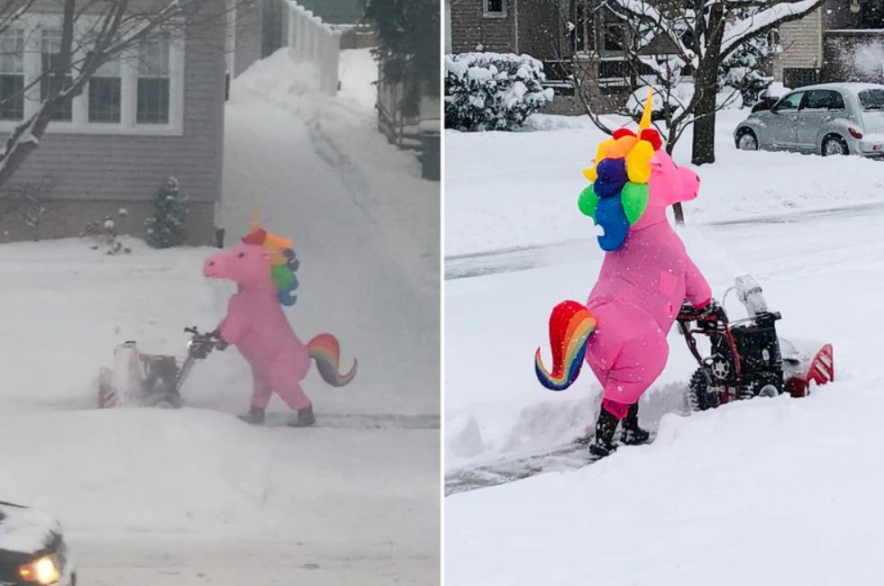 A unicorn appeared on Lakewood's Wagar Avenue and cleared snow for the entire block on Monday.  ❄🦄
The person in an inflatable unicorn costume was seen snow blowing after Northeast Ohio got hit with several inches of snow.

Photo: Bethany Staley, Doug Van Auken