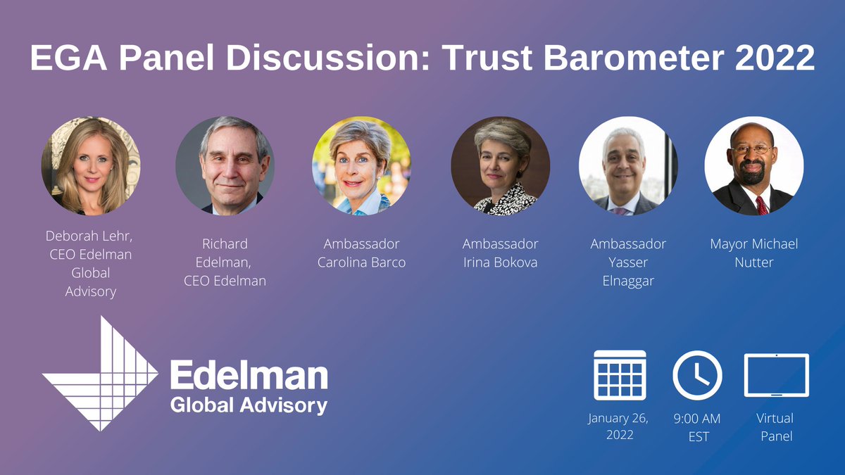 On Wednesday, EGA CEO <a href="/DMLehr/">Deborah Lehr</a> will host <a href="/richardwedelman/">Richard Edelman</a> and four members of our global advisory board for a panel discussing Edelman’s 2022 Trust Barometer, highlighting data that specifically pertains to Public Affairs. Stay tuned for expert insight from the conversation.