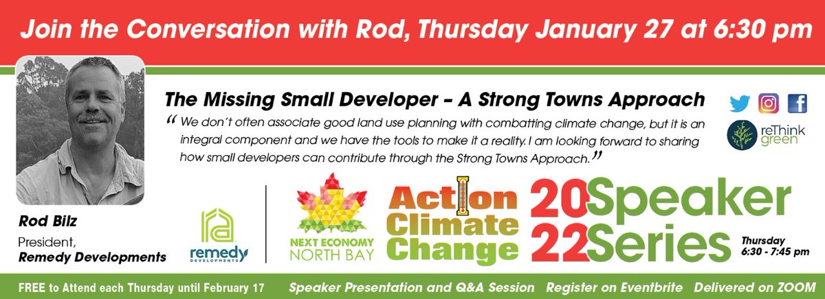 This week: Rod Bilz, President of Remedy Developments, will be discussing how good land use planning and small developers can contribute to combatting climate change! Register now and join us on Thursday January 27th @ 6:30 PM: eventbrite.com/e/action-clima…