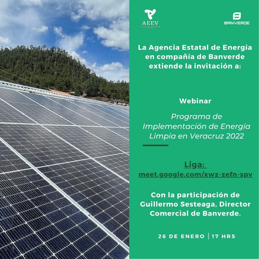 aenergiaver's tweet photo. La #AEEV te invita a conocer el “Programa de Implementación de Energía Limpia en Veracruz 2022“, con la participación de #Banverde.
La cita es el 26 de enero del presente a las 17:00hrs, evento totalmente gratuito.
https://t.co/JN3LnYHmzK
@GobiernoVer @SEDECOPVer https://t.co/S3wgWsBtLl