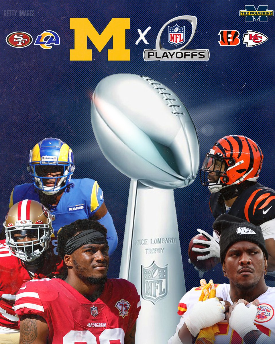 TheWolverineOn3's tweet photo. With at least one Wolverine on the roster of each remaining team in the #NFLPlayoffs, a former @UMichFootball player will win the Super Bowl for the eighth straight year.

#GoBlue | #ProBlue https://t.co/7NW7eBXen2