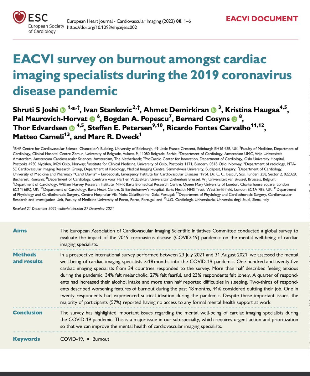 Dr_Demirkiran's tweet photo. EACVI survey on burnout amongst cardiac imaging specialists during COVID-19 pandemic https://t.co/Of7nZyFHKb 
@Ivan_Echocardio @s_e_petersen @bogdan_popescu1 @KristinaHaugaa @PalMaurovich @Cosyns @RFontesCarvalho @ThorEdvardsen @Matte_Cameli @MarcDweck https://t.co/mK49j6VYGV