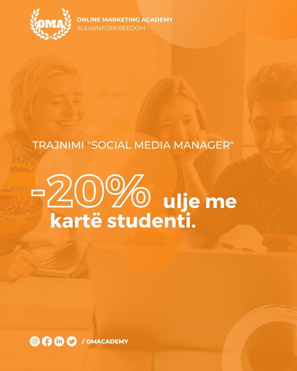 OMAcademyAL's tweet photo. Tashmë të gjithë studentet, mund të përfitojnë 20% ulje në trajnimin Social Media Manager.🤩

Ndërtoni të ardhmen tuaj. Dhurojini vetes një ndër profesionet më të kërkuara në botë 👩‍🎓 😀
.
.
.
#oma #omatrainings #learnforfreedo #socialmediamanager #kartaestudentit #bashkiatirane https://t.co/ySEv5fNoCa