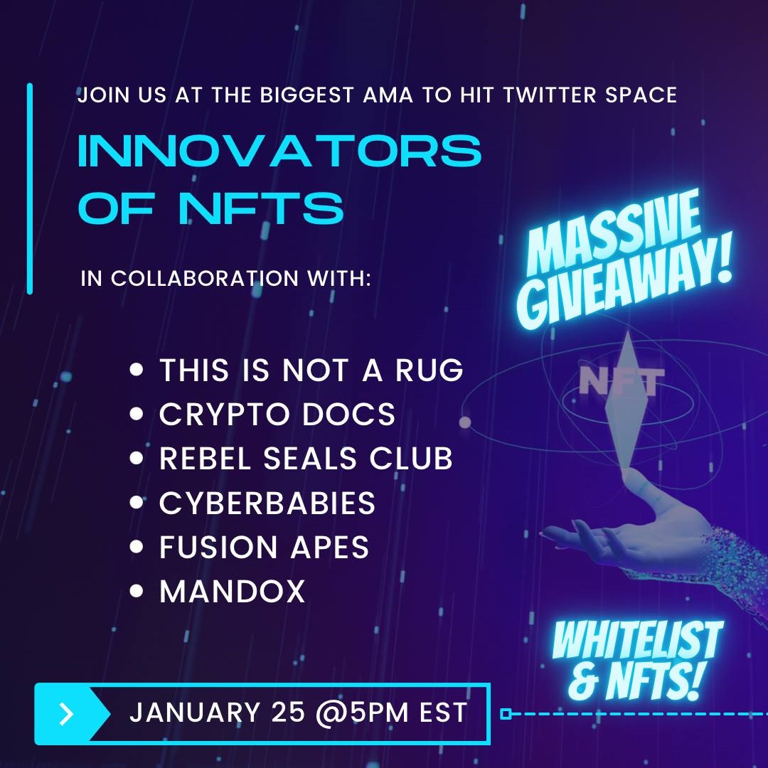 Anderson (@nftanderson) on Twitter photo <a href="/Thisisnotarug/">This Is Not A Rug</a>
is excited to join many other leading innovators in the NFT space for a special AMA where they talk about innovation and adoption in the #NFT space!
🗓 Join us on Tuesday, Jan 25 at 5 PM EST
They have lots of #giveaways in store, including free NFTs and WL spots <a href="/Thisisnotarug/">This Is Not A Rug</a>
is excited to join many other leading innovators in the NFT space for a special AMA where they talk about innovation and adoption in the #NFT space!
🗓 Join us on Tuesday, Jan 25 at 5 PM EST
They have lots of #giveaways in store, including free NFTs and WL spots